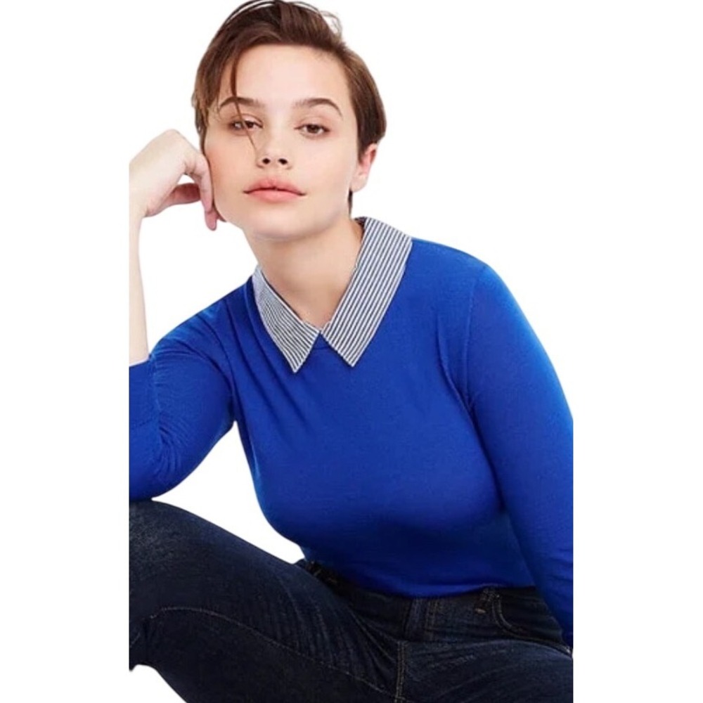 J Crew Women Tippi Sweater S Royal Blue 100% Merino Wool Stripe Peter Pan Collar